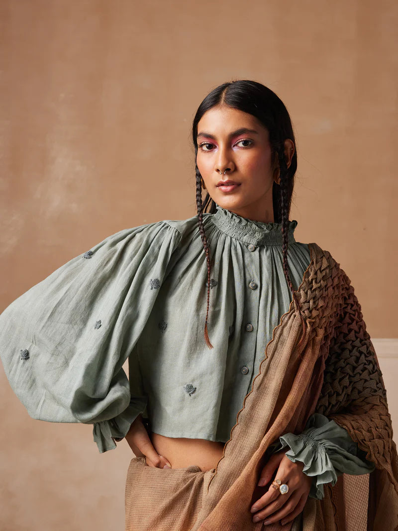 Smocked saree+top -Pale Blue & Tan cotton by CORD for women in Singapore