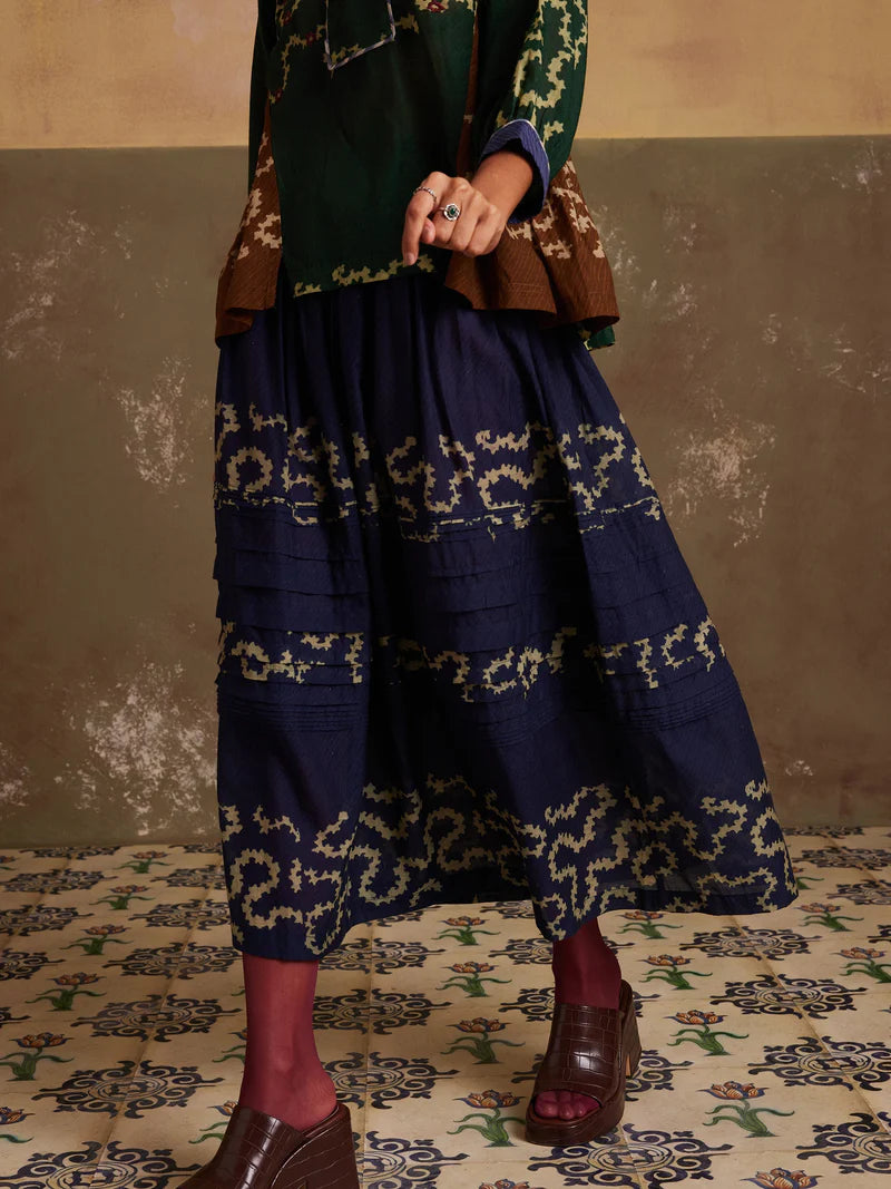 Pintuck Skirt-Indigo Spiral cotton by CORD for women in Singapore