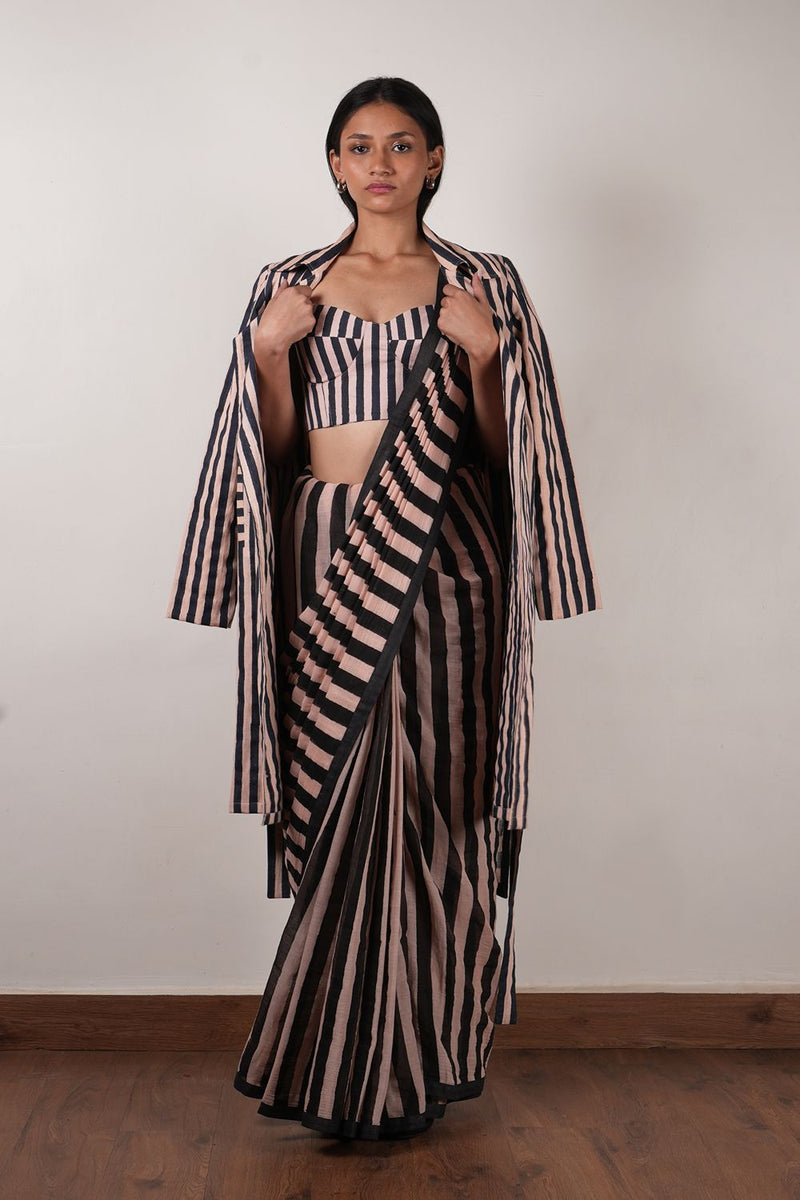 Pink with Charcoal Block Printed Corset, Saree & Trench Set (3 PCS) cotton by Mati in pink color for women in Singapore