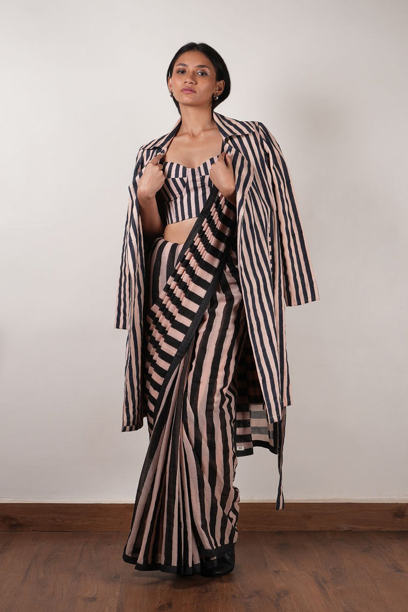 Pink with Charcoal Block Printed Corset, Saree & Trench Set (3 PCS) cotton by Mati in pink color for women in Singapore