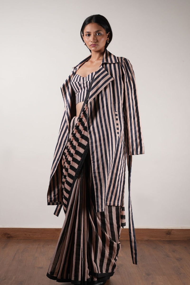 Pink with Charcoal Block Printed Corset, Saree & Trench Set (3 PCS) cotton by Mati in pink color for women in Singapore