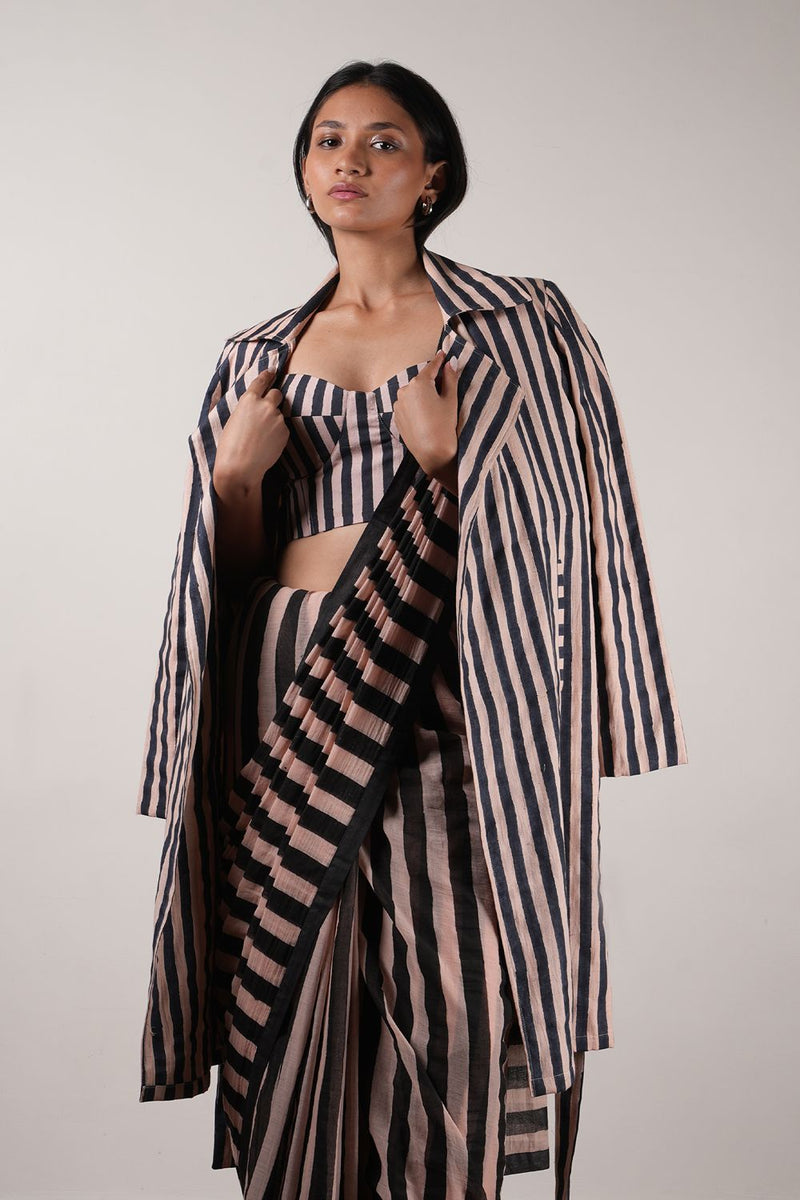 Pink with Charcoal Block Printed Corset, Saree & Trench Set (3 PCS) cotton by Mati in pink color for women in Singapore