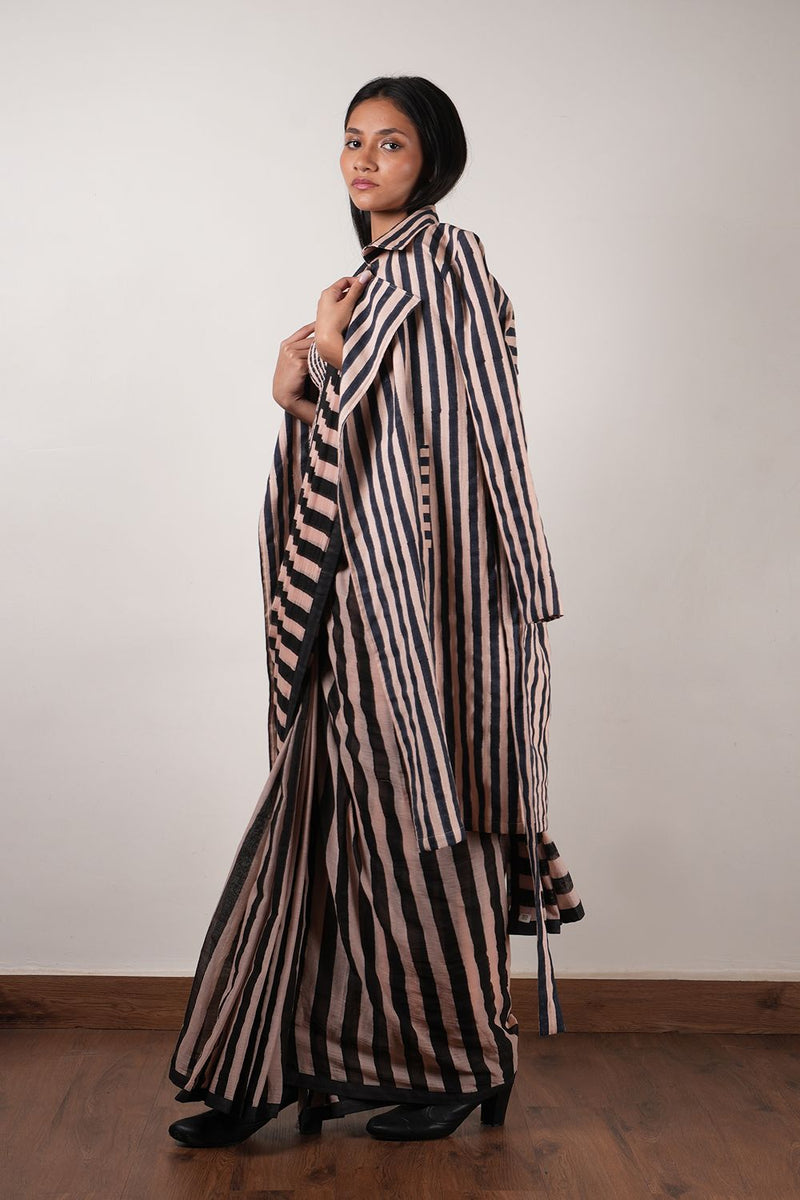 Pink with Charcoal Block Printed Corset, Saree & Trench Set (3 PCS) cotton by Mati in pink color for women in Singapore