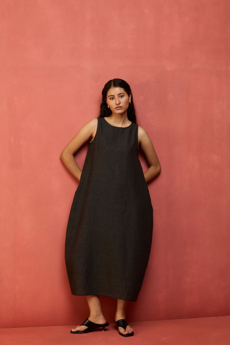 Juro Linen Parabola Dress - Charcoal linen by Manan in charcoal color for women in Singapore
