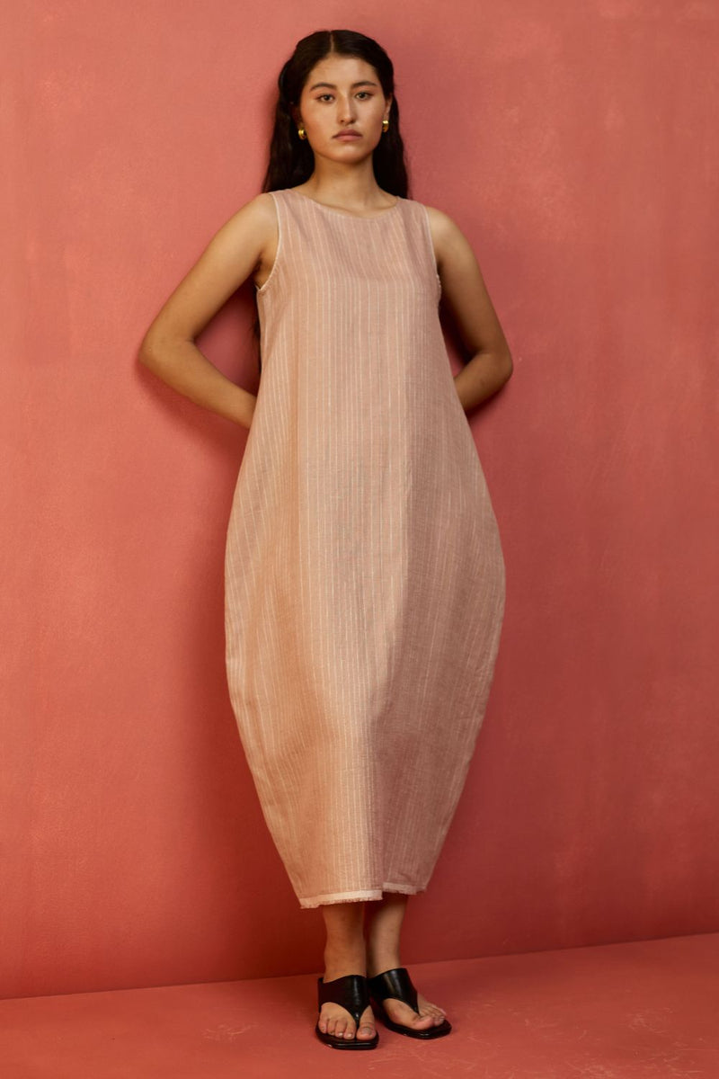 Juro Stripe Linen Parabola Dress - Rose linen by Manan in blush color for women in Singapore