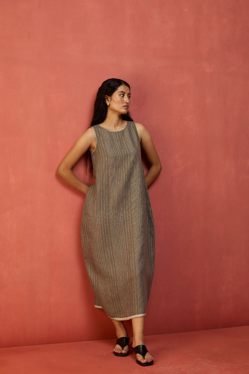 Juro Stripe Linen Parabola Dress - Grey linen by Manan in grey color for women in Singapore