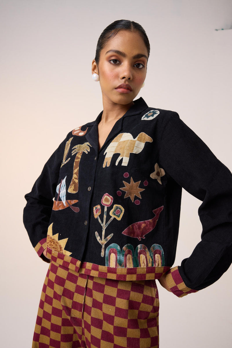 CROP SET-BLACK JUNGLE APPLIQUE corduroy by CORD for women in Singapore