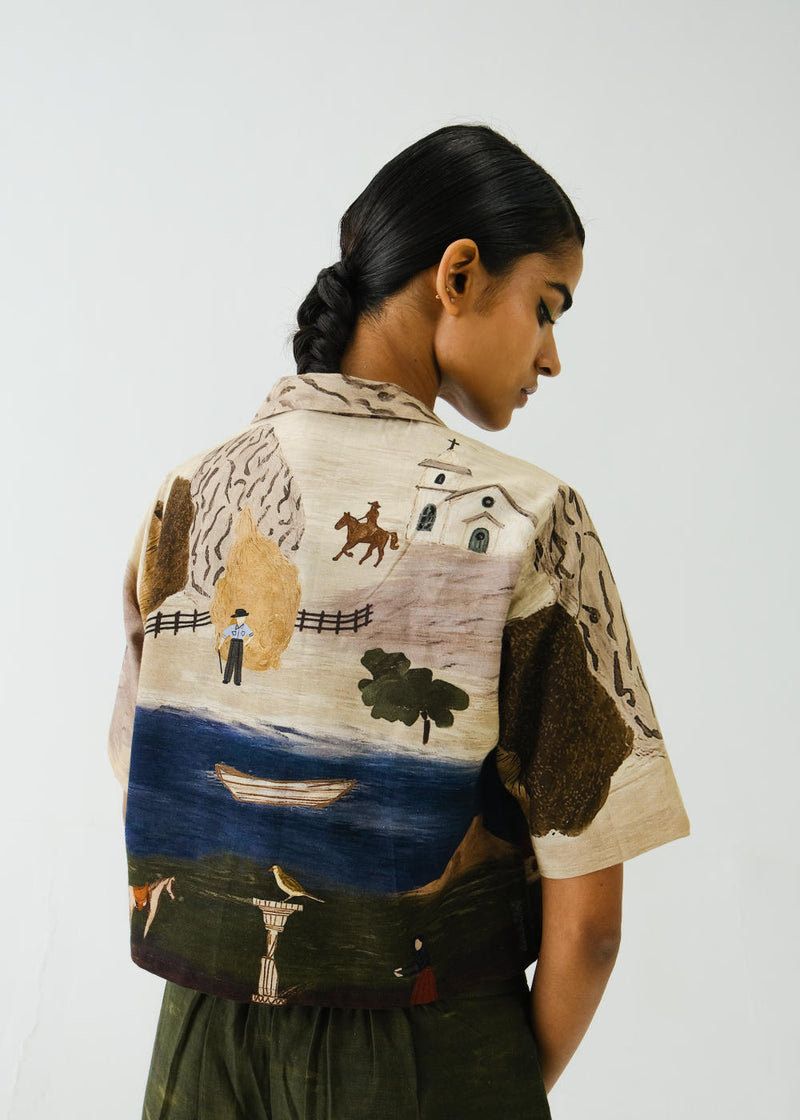 Crop Shirt-Village Print linen by CORD for women in Singapore