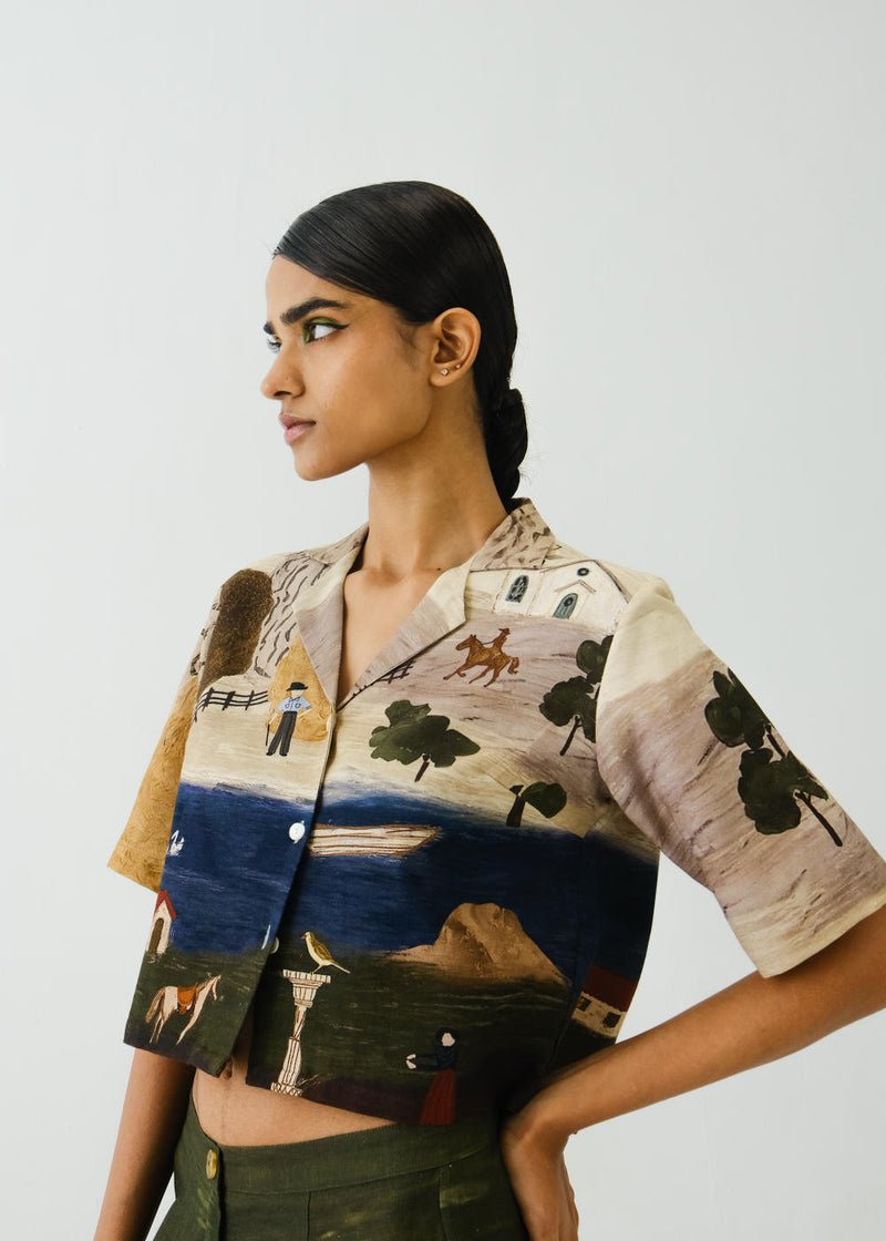 Crop Shirt-Village Print linen by CORD for women in Singapore