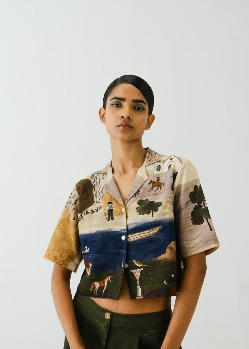 Crop Shirt-Village Print linen by CORD for women in Singapore