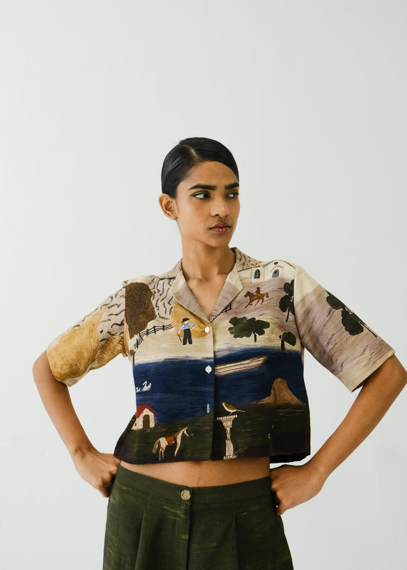 Crop Shirt-Village Print linen by CORD for women in Singapore