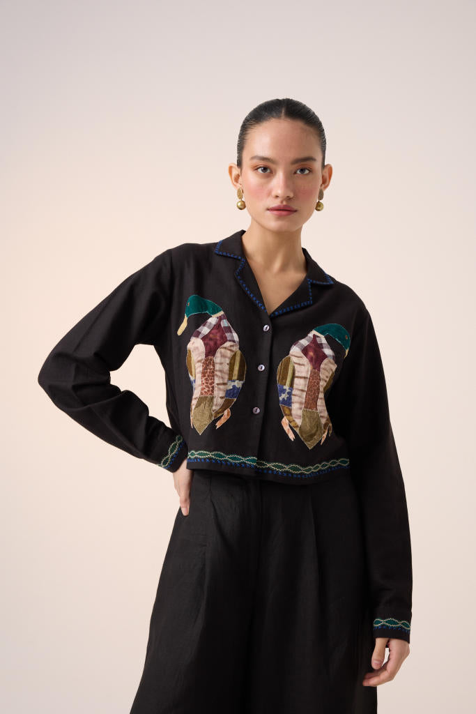 CROP SHIRT -BLACK DUCK APPLIQUE cotton by CORD in multi for women in Singapore