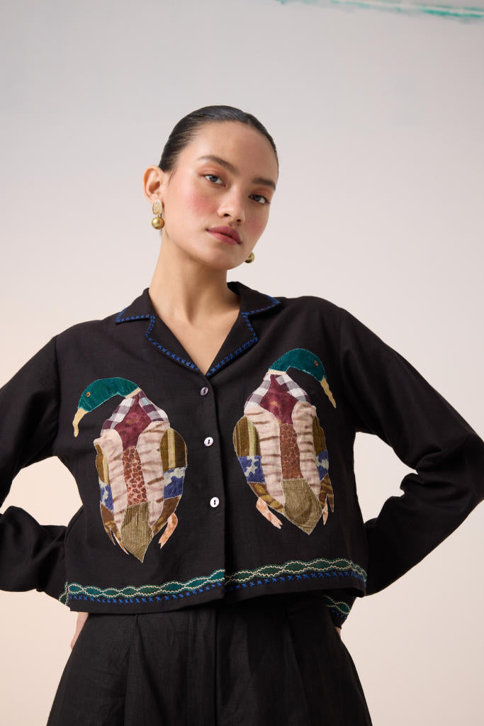 CROP SHIRT -BLACK DUCK APPLIQUE cotton by CORD in multi for women in Singapore