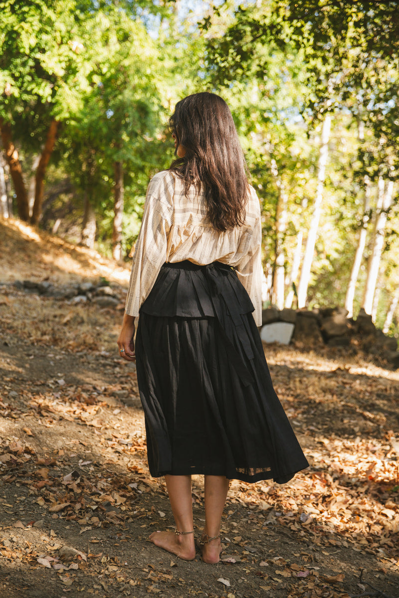 Crow Feather Skirt Tie Up Frill cotton by World of Crow in black color for women in Singapore