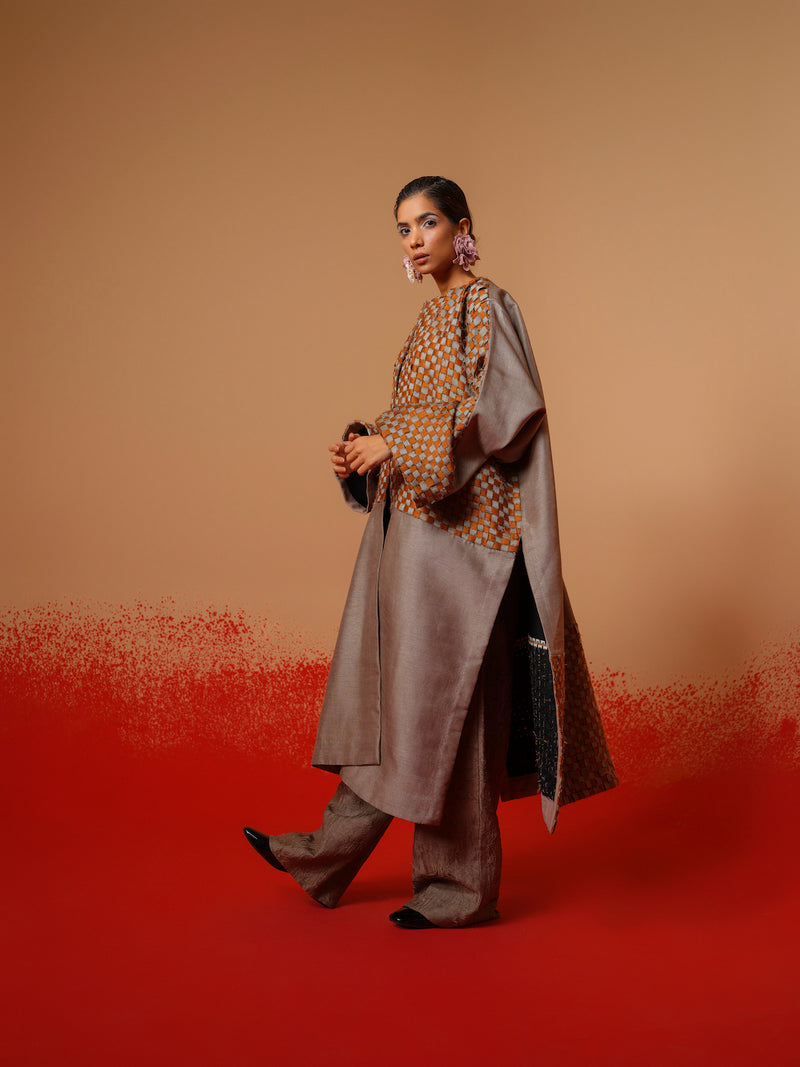 Current Overlay-Leaf green + Grey mysore silk jackets and overlays by Stoique in leaf green, grey for women in Singapore