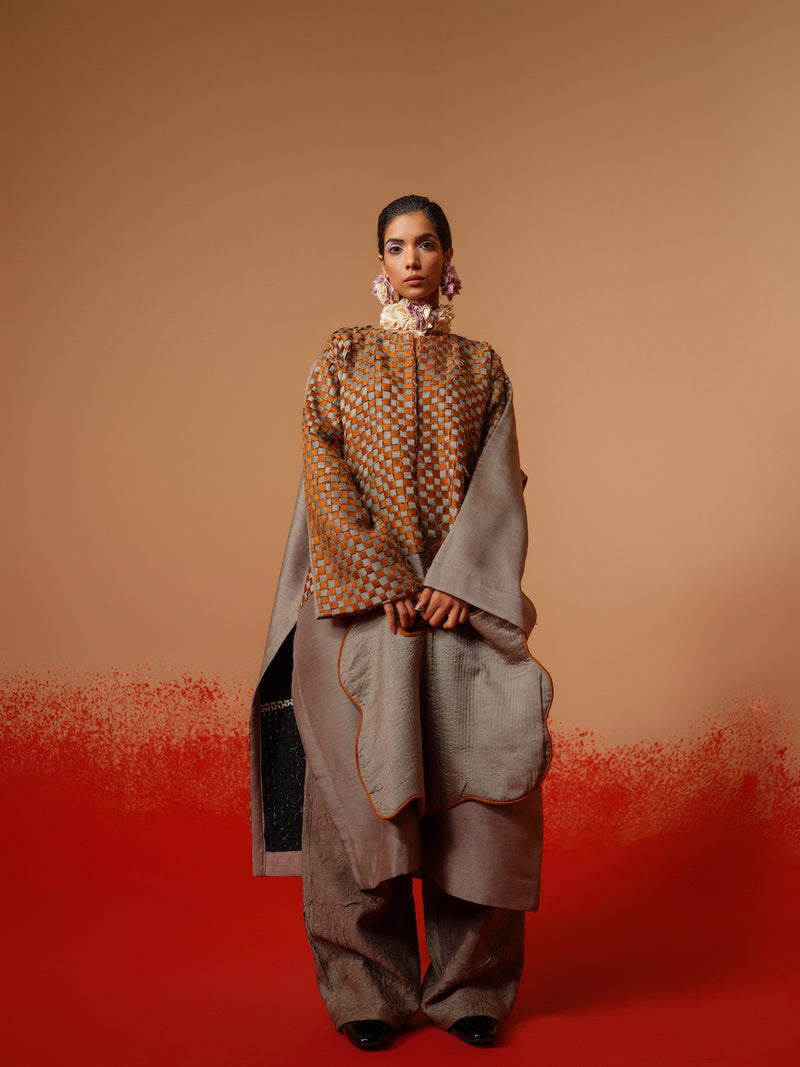 Current Overlay-Leaf green + Grey mysore silk jackets and overlays by Stoique in leaf green, grey for women in Singapore