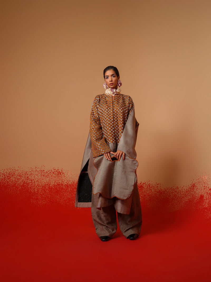 Current Overlay-Leaf green + Grey mysore silk jackets and overlays by Stoique in leaf green, grey for women in Singapore