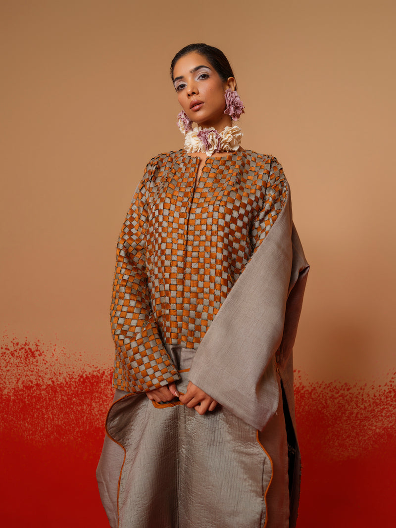 Current Overlay-Leaf green + Grey mysore silk jackets and overlays by Stoique in leaf green, grey for women in Singapore