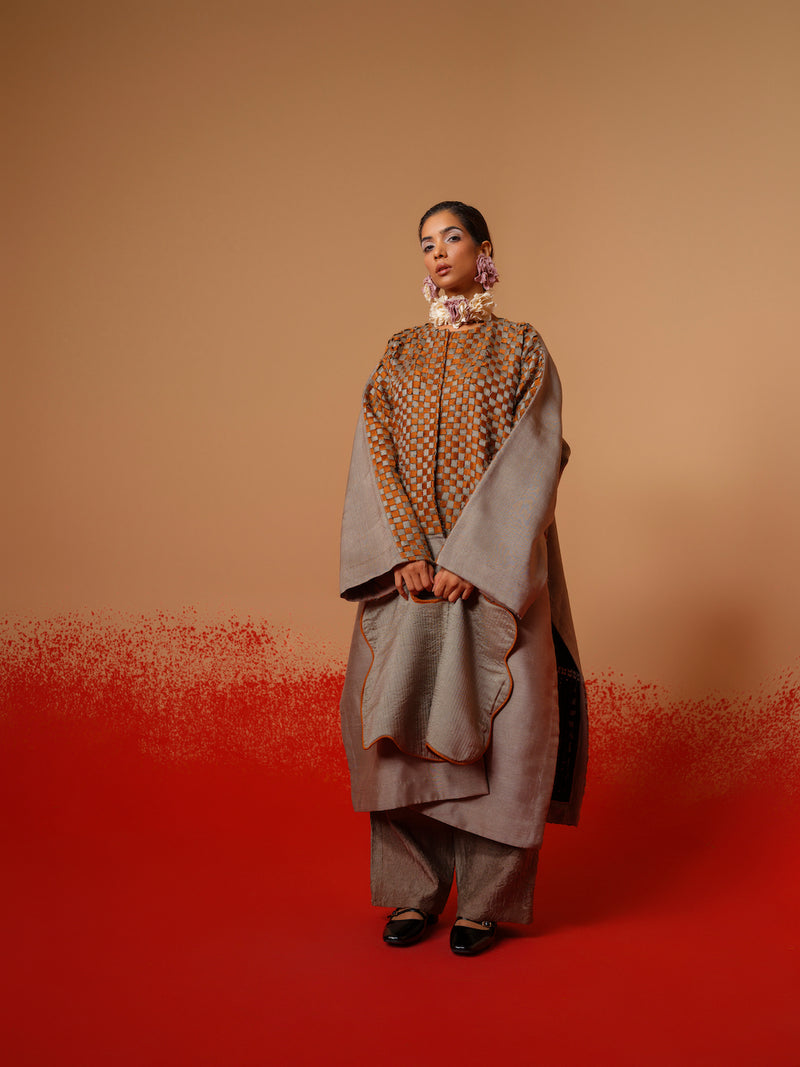 Current Overlay-Leaf green + Grey mysore silk jackets and overlays by Stoique in leaf green, grey for women in Singapore