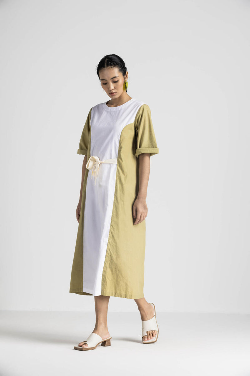 CONTRAST PANEL DRESS - MOSS GREEN poplin by THREE in green color for women in Singapore