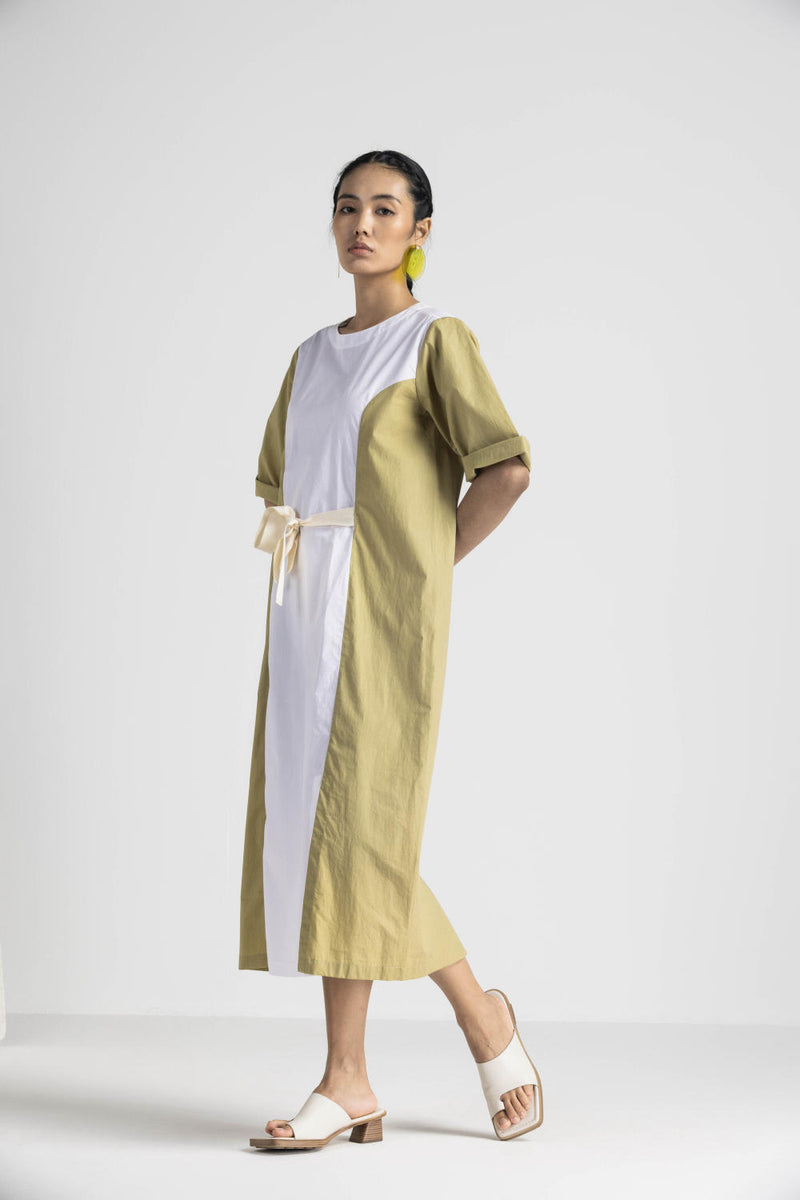 CONTRAST PANEL DRESS - MOSS GREEN poplin by THREE in green color for women in Singapore
