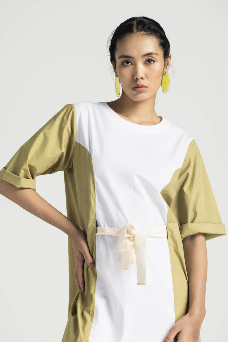 CONTRAST PANEL DRESS - MOSS GREEN poplin by THREE in green color for women in Singapore