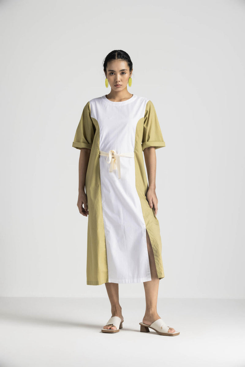 CONTRAST PANEL DRESS - MOSS GREEN poplin by THREE in green color for women in Singapore