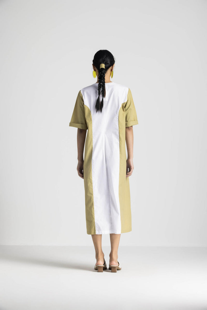 CONTRAST PANEL DRESS - MOSS GREEN poplin by THREE in green color for women in Singapore