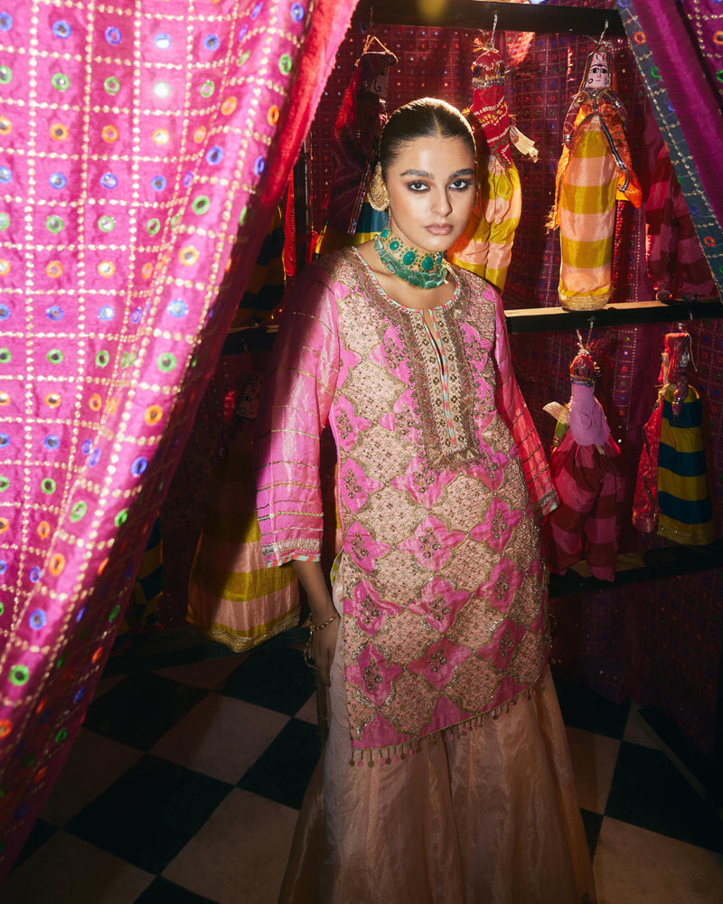 Khel Hot Pink Gharara Set silk by Rajiramniq in multi color for women in Singapore