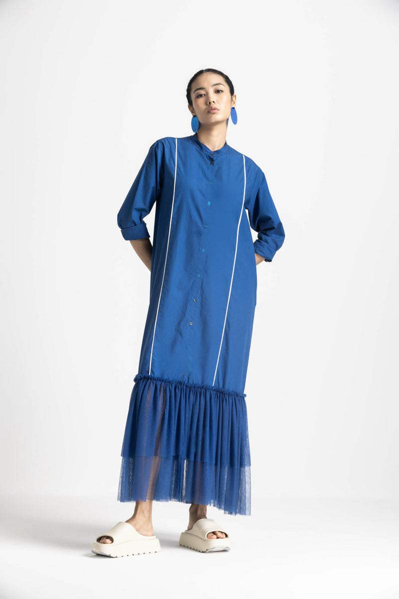 BOTTOM FRILL DRESS - ELECTRIC BLUE poplin by THREE in blue color for women in Singapore