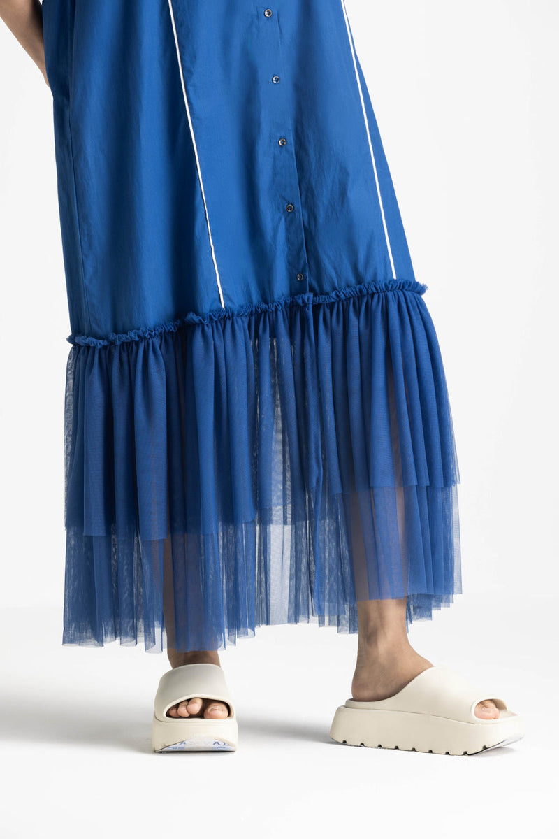 BOTTOM FRILL DRESS - ELECTRIC BLUE poplin by THREE in blue color for women in Singapore