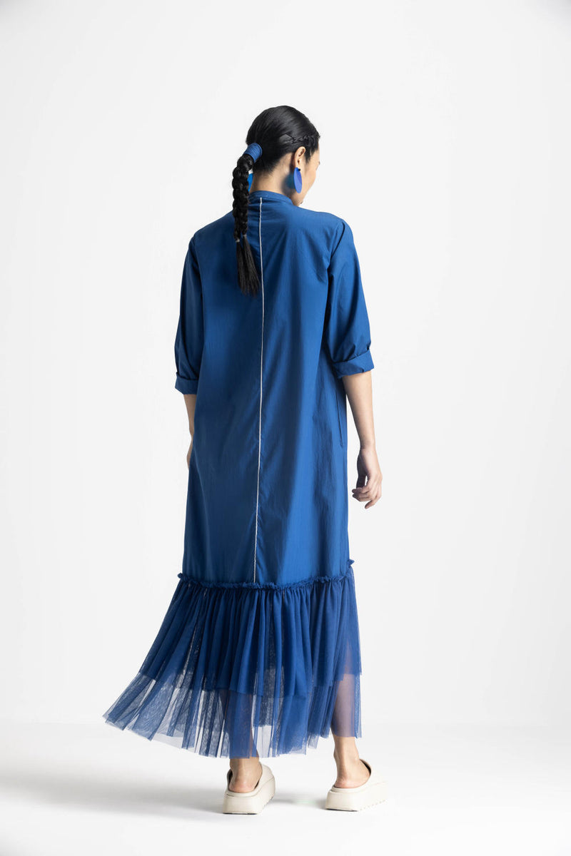 BOTTOM FRILL DRESS - ELECTRIC BLUE poplin by THREE in blue color for women in Singapore