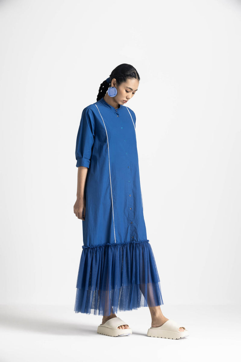 BOTTOM FRILL DRESS - ELECTRIC BLUE poplin by THREE in blue color for women in Singapore