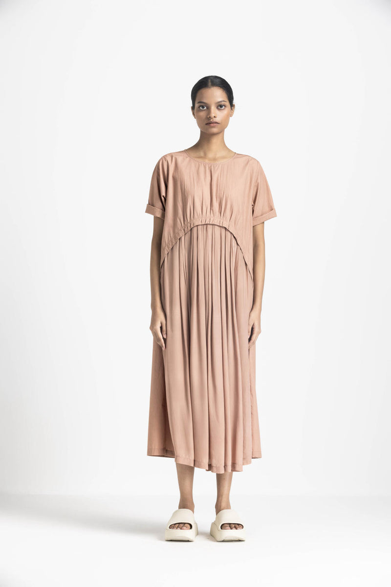 YOKE GATHER DRESS - CHAMPAGNE poplin by THREE in pink color for women in Singapore