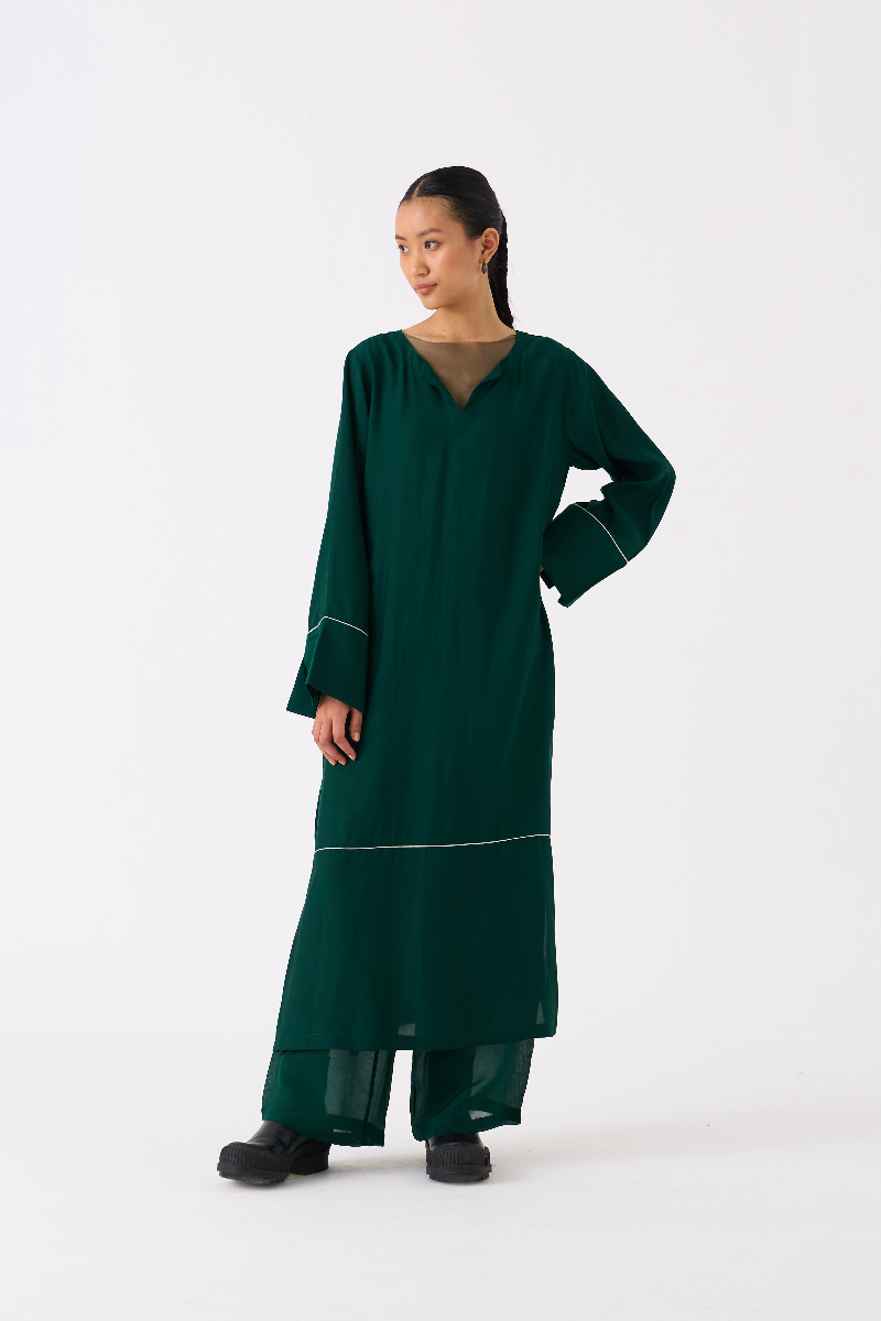 V-NECK KAFTAN- DARK GREEN bemberg by THREE in green color for women in Singapore