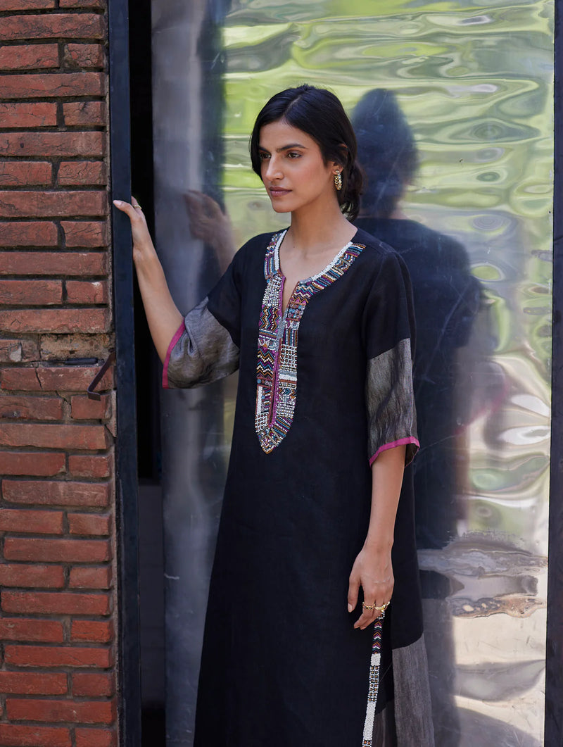 Mato Hand-Embroidered Kurta - Black linen by Manan in black color for women in Singapore