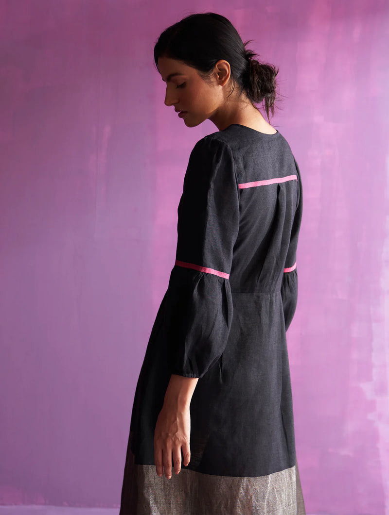 Zaina Metallic Wrap Dress - Black linen by Manan in black color for women in Singapore