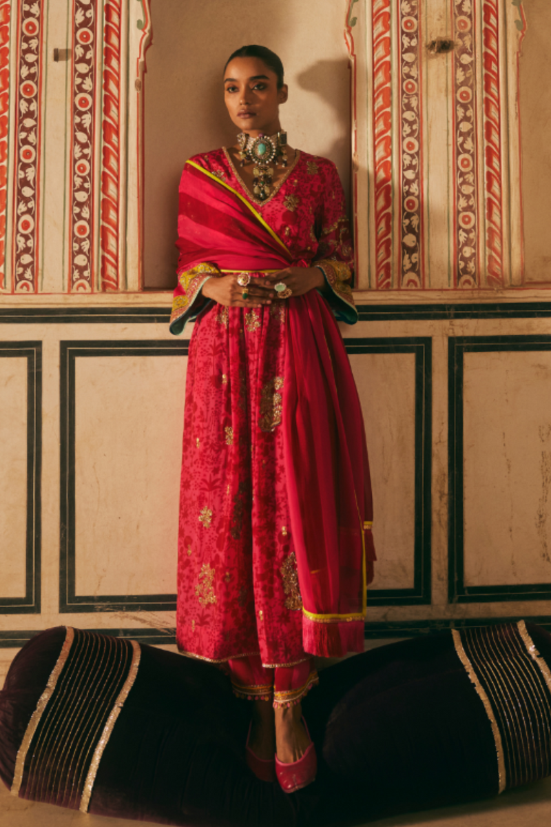 Khel Hot Pink Red Shadow Print Front Puckering Kurta Set mul by Rajiramniq in multi color for women in Singapore