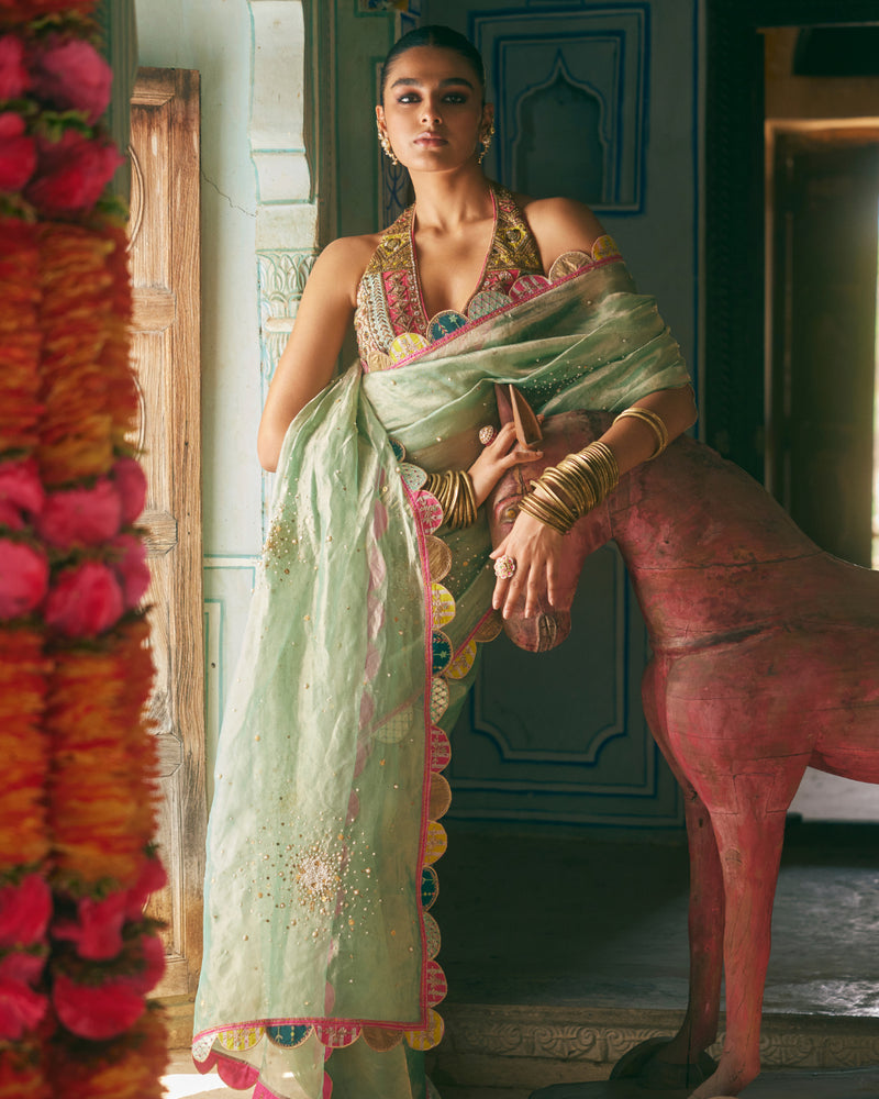 Khel Powder Blue Pearl Sprinkle Tissue Saree organza by Rajiramniq in blue color for women in Singapore