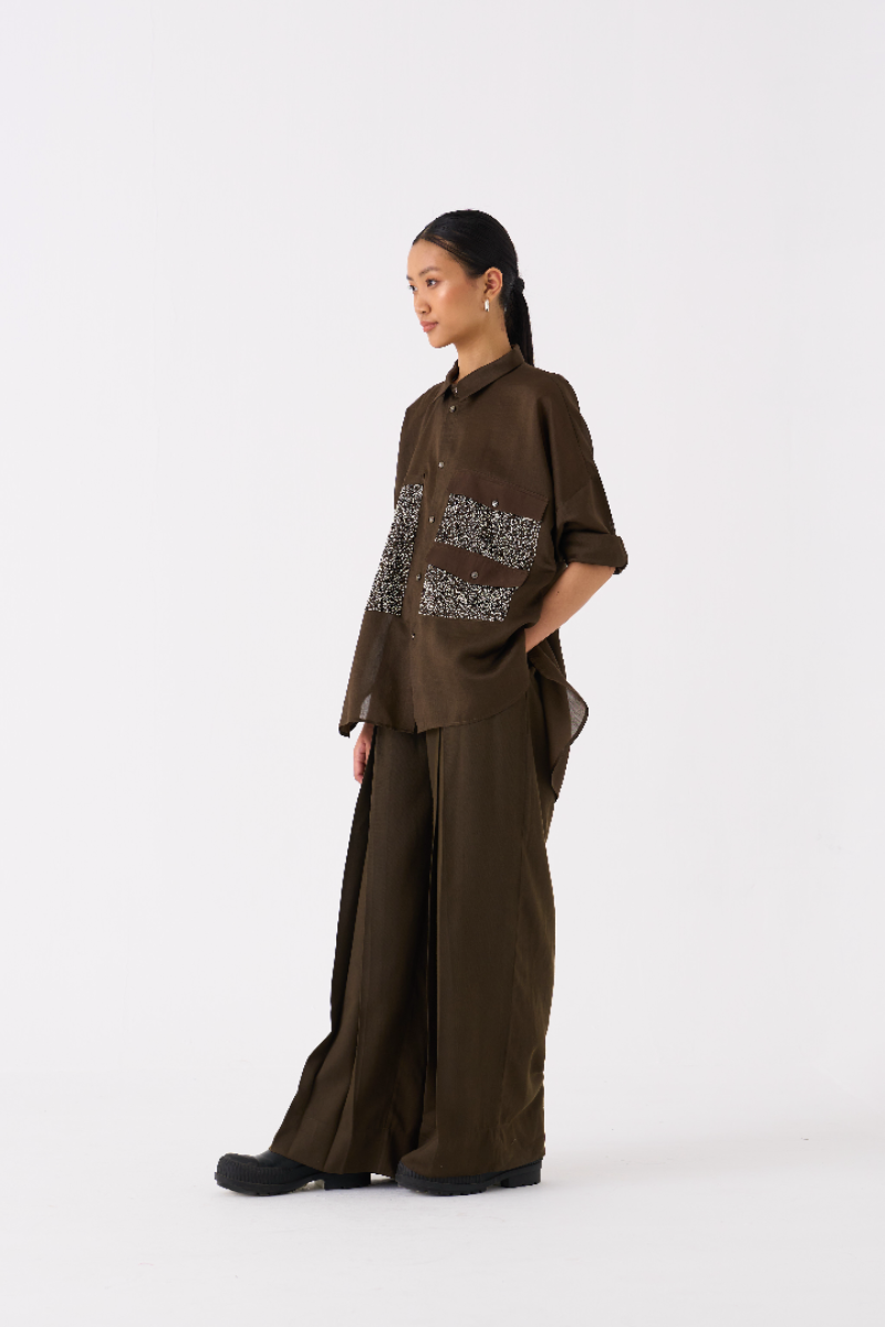 PATCH POCKET SHIRT CO-ORD
(SET OF 2)-DARK OLIVE poplin by THREE in olive color for women in Singapore