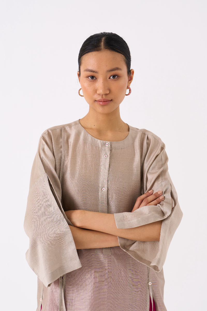 PANELLED TUNIC CO-ORD 
(SET OF 2)-ASH GREY & FUSCHIA chanderi by THREE in multi color for women in Singapore