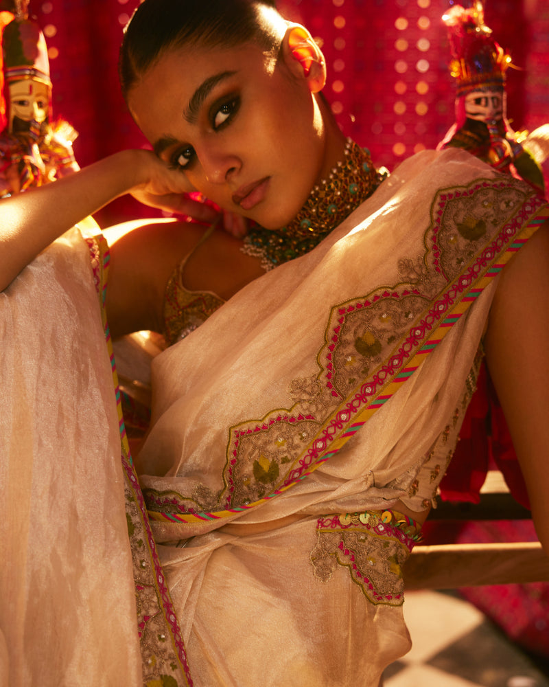 Khel Ivory Tissue Saree silk by Rajiramniq in ivory color for women in Singapore