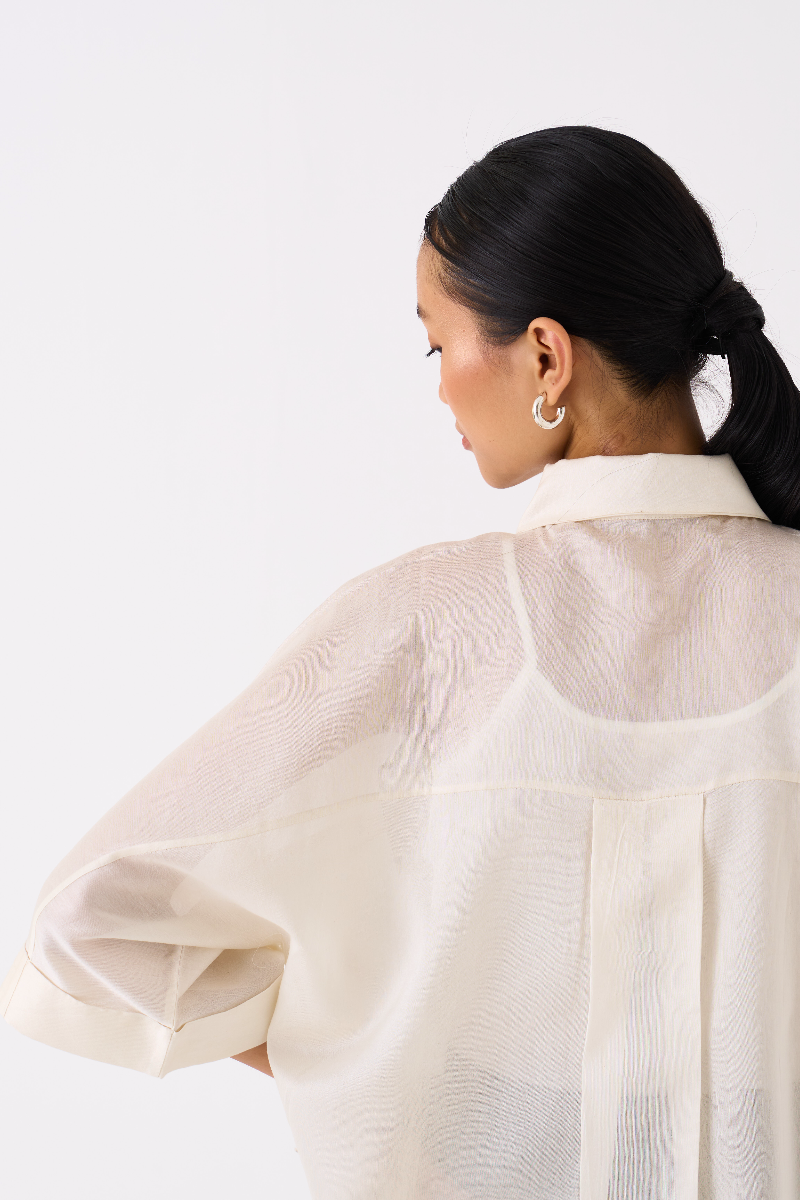 FLORAL APPLIQUE SHIRT-IVORY chanderi by THREE in ivory color for women in Singapore