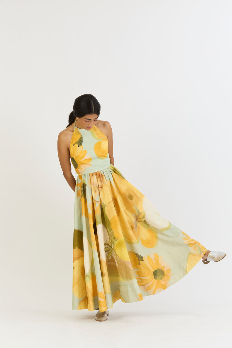 LEMONADE HALTER NECK DRESS satin by Yam in yellow color for women in Singapore