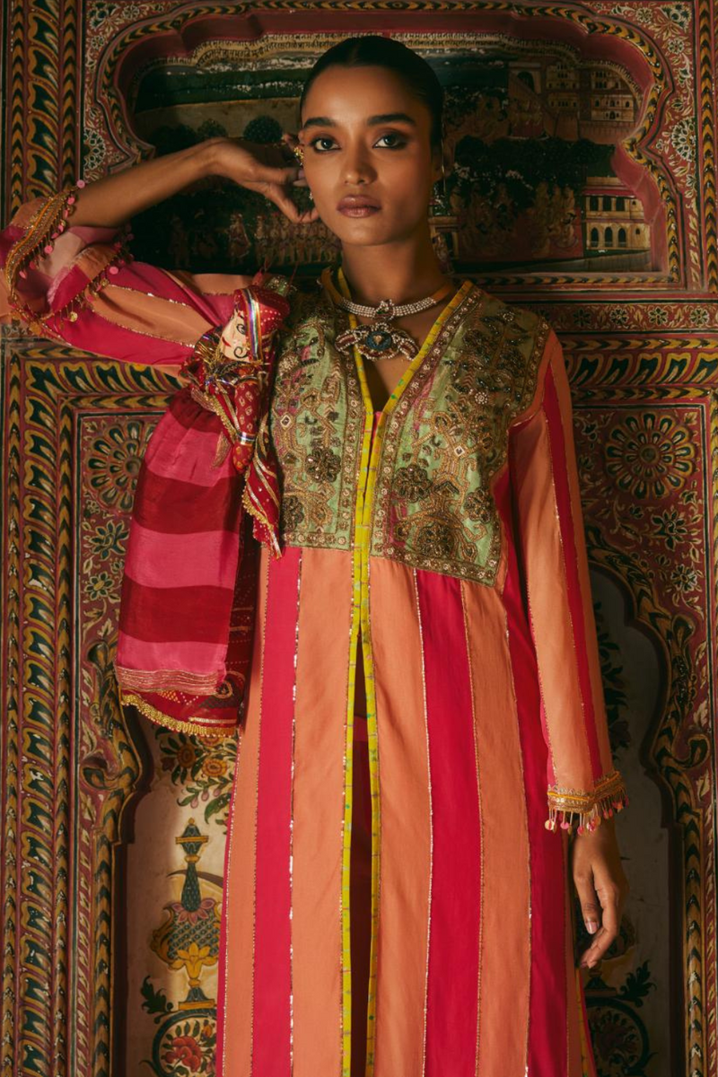 Khel Pink and Nude Yokr Embellished Jacket Kurta Set mul by Rajiramniq in multi color for women in Singapore