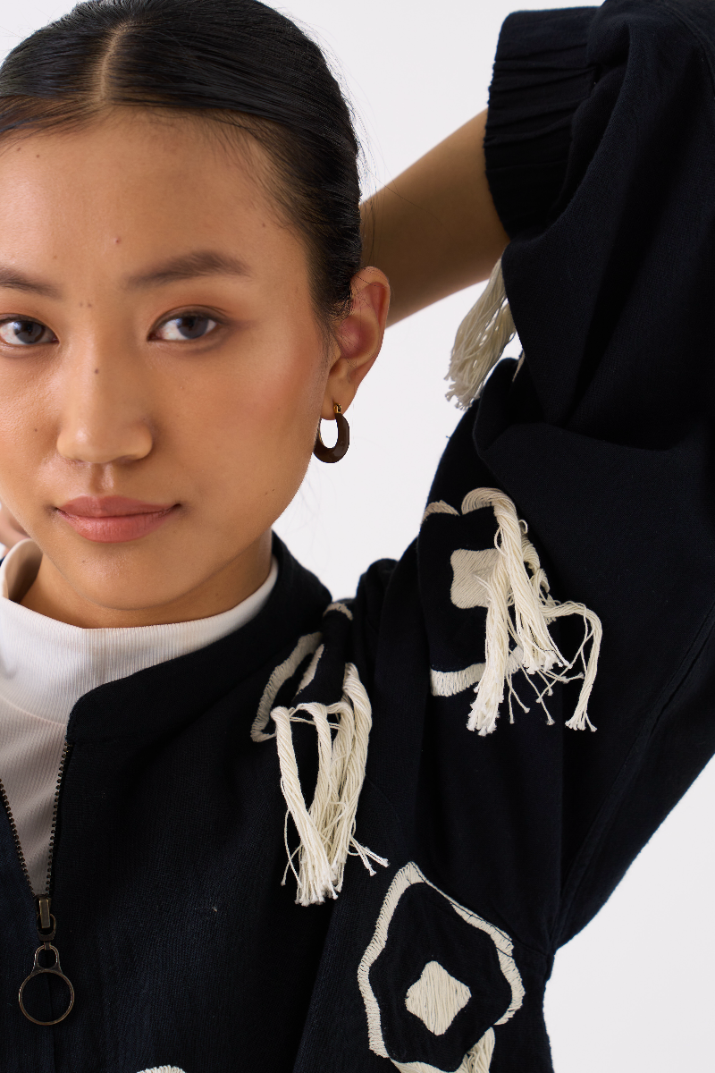 FRINGE BOMBER JACKET CO-ORD 
(SET OF 2)-BLACK by THREE in black color for women in Singapore