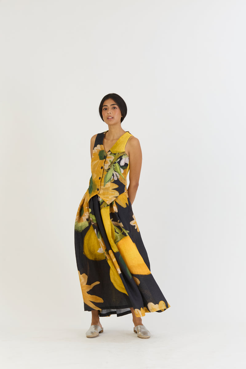 POMELLO WAISTCOAT AND BOX PLEAT SKIRT SET linen by Yam in yellow color for women in Singapore