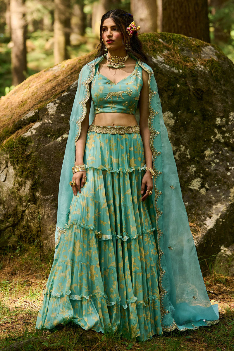 Dawn Lehenga Set georgettte by Paulmi & Harsh-kahan Sep'26 in blue for women in Singapore