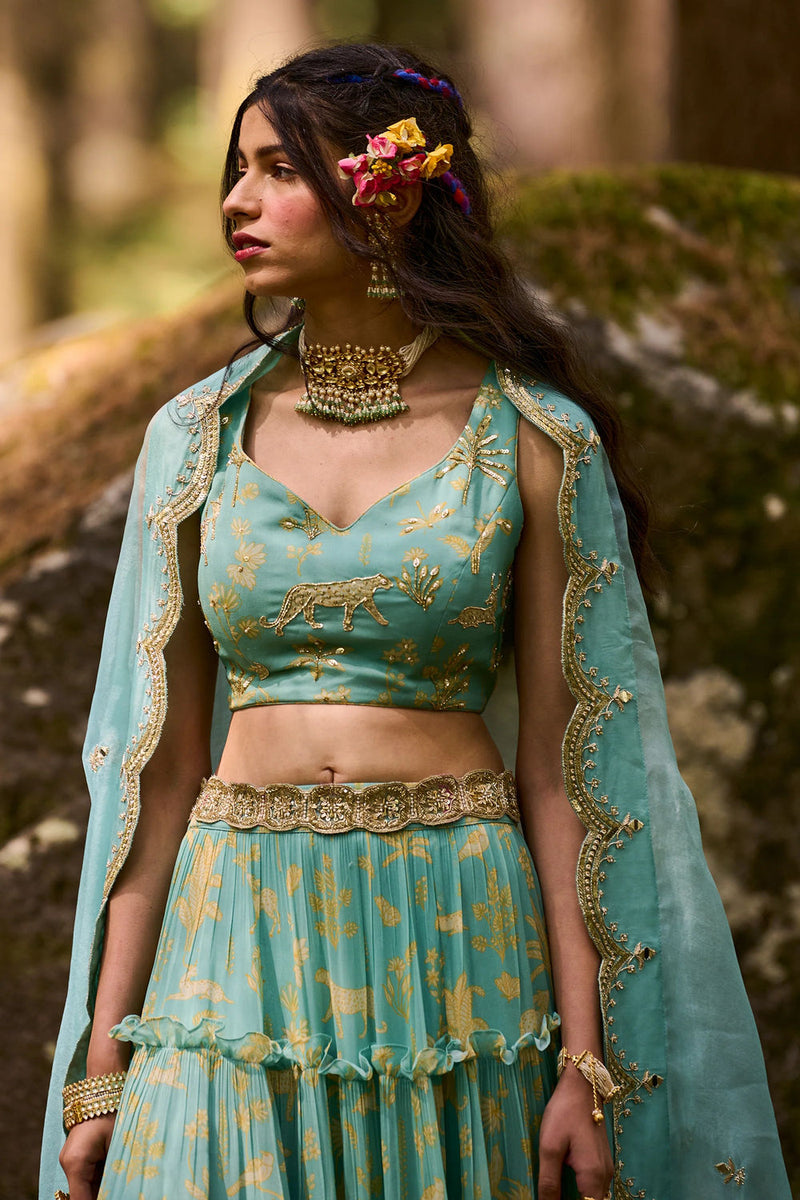 Dawn Lehenga Set georgettte by Paulmi & Harsh-kahan Sep'26 in blue for women in Singapore
