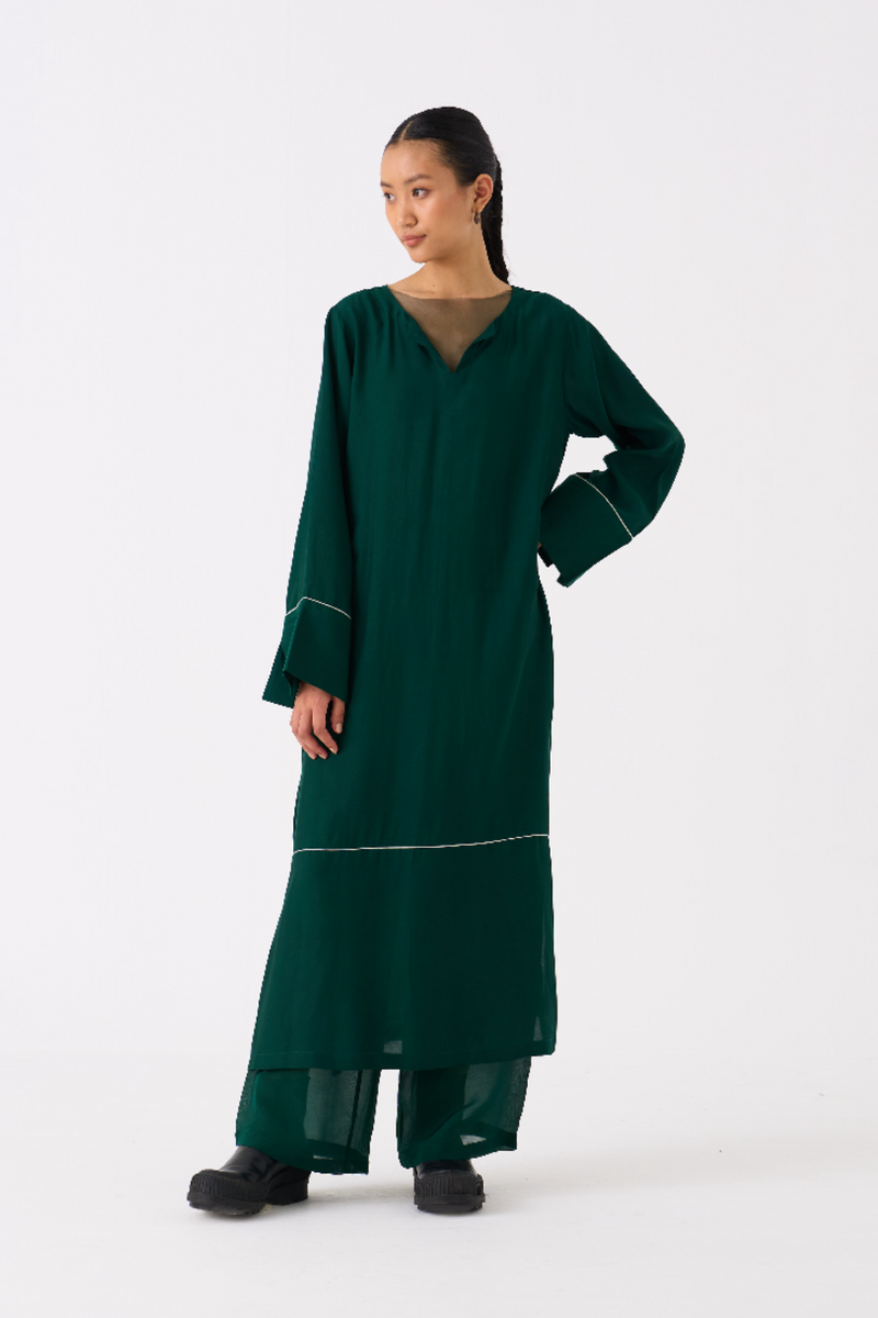 V-NECK KAFTAN CO-ORD 
(SET OF 2)-DARK GREEN bemberg by THREE in green color for women in Singapore